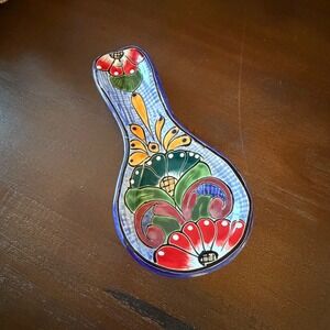 Talavera Hand Painted Ceramic Spoon Rest Floral Mexican Pottery Blue Red 10 Inch